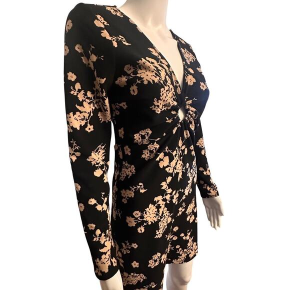 Abercrombie & Fitch NWT Black Pink Floral Long Sleeve O Ring V Neck Mini Dress S - Picture 7 of 16